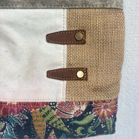 Myra Bag Boho Mixed Media Cotton Leather Canvas Burlap Patchwork Shoulder Bag - Picture 5 of 16